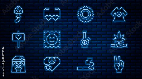 Set line Peace symbol, Marijuana joint, spliff, Sun, LSD acid mark, Psilocybin mushroom, Bong and Heart shaped love glasses icon. Vector