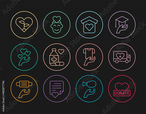 Set line Donation and charity, Humanitarian truck, Shelter for homeless, Medicine bottle pills, Heart hand, Leaf heart, Clothes donation and Volunteer icon. Vector