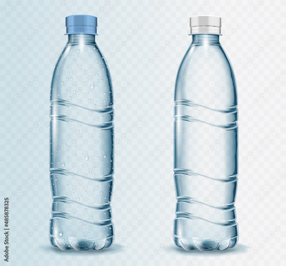 Transparent realistic vector mineral water plastic bottle for your advertising with water drops. Blue background  - obrazy, fototapety, plakaty 