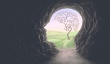 Brain tree with human head cave, idea concept of thinking hope freedom and mind , surreal artwork, dream art , fantasy landscape, imagination spiritual of nature, conceptual