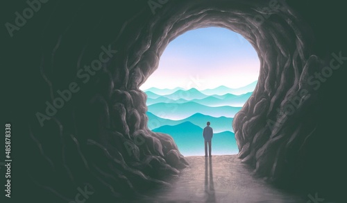 A man with a human head cave, idea concept of thinking  hope freedom and mind , surreal artwork, dream art , fantasy landscape, imagination spiritual of nature photo
