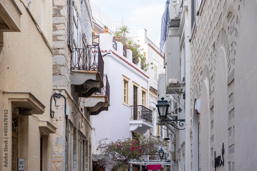 Greece. Ermoupolis Syros island, Cyclades. Traditional architecture, Narrow street and balcony
