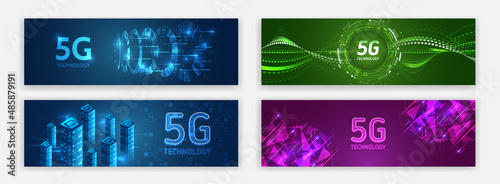 The global wireless standard for websites. 5G high-speed, media cover design. Horizontal header web background. High tech design with technological elements. Science and digital technology concept.