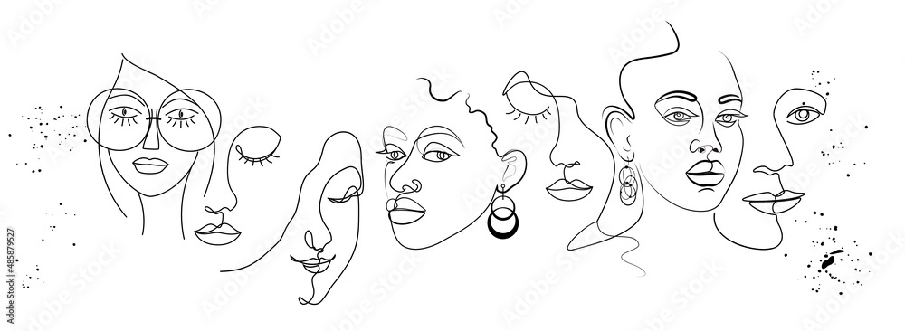 Silhouettes of women's faces. Drawing continuous line art. Abstract modern set of women portraits with black lines. Illustration isolated on white background in modern trendy style.  banner, poster