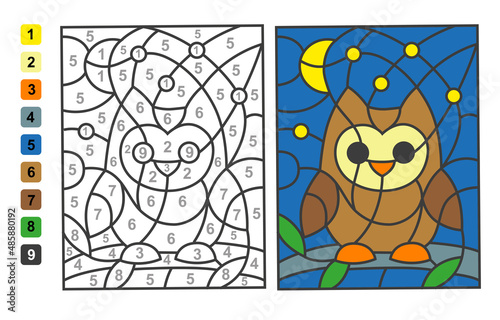 Simple level vector coloring wild animal bird owl, color by numbers. Puzzle game for children education photo