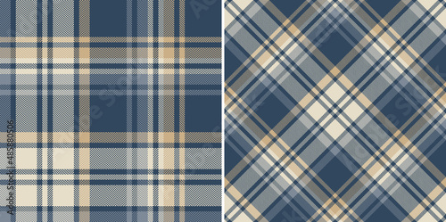 Check plaid pattern in blue, gold, beige for spring summer autumn winter. Seamless large tartan plaid illustration set for blanket, duvet cover, throw, other modern fashion textile print design.