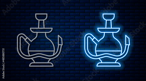 Glowing neon line Hookah icon isolated on brick wall background. Vector