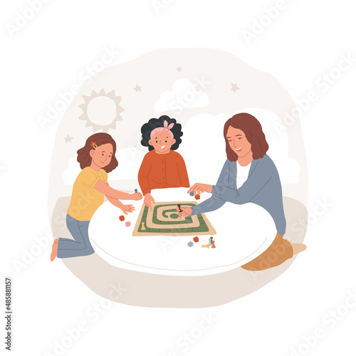 Family board games abstract concept vector illustration. Parents and children play tabletop game together, family fun, developmental game, early home education, thinking skill abstract metaphor.
