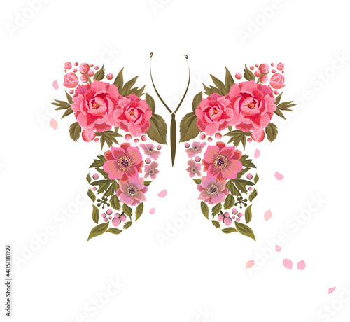 Butterfly from flowers. T-shirt print. Vector illustration