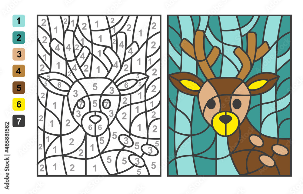 Simple level vector coloring wild animal deer, color by numbers. Puzzle ...