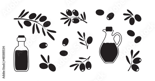 Olive vector icon, oil bottle and leaf tree, black cooking set isolated on white background. Food illustration