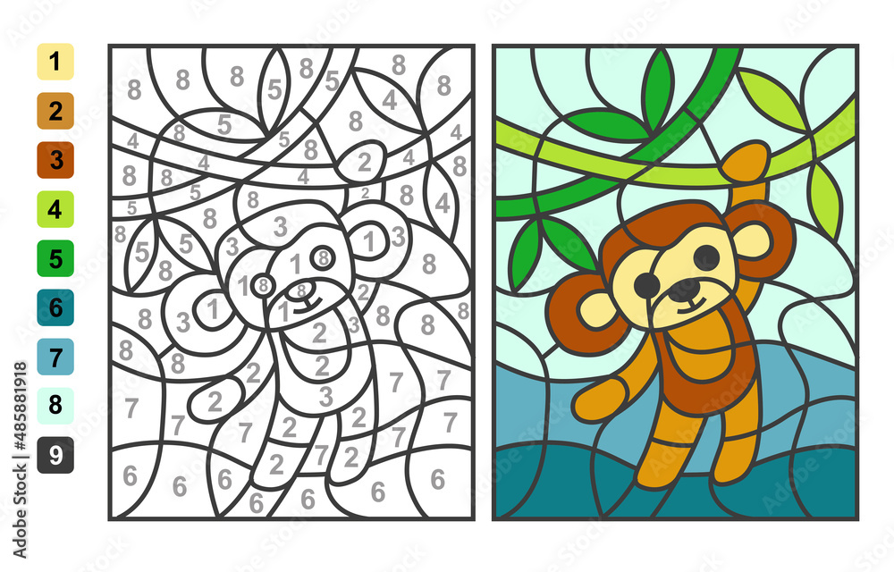 Simple level vector coloring zoo animal monkey, color by numbers. Puzzle  game for children education Stock Vector