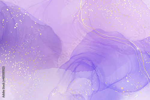 Photographie Violet lavender liquid watercolor marble background with golden lines