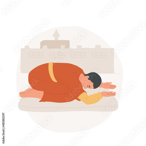 Bowing abstract concept vector illustration. Buddhist worshipper man bowing and praying, religious pilgrimage, holy place, making spiritual practices and observances abstract metaphor.