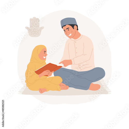Reading Quran abstract concept vector illustration. Muslim religious tradition, father and kid read koran together, everyday ritual, faith and belief, Islamic holy book abstract metaphor.