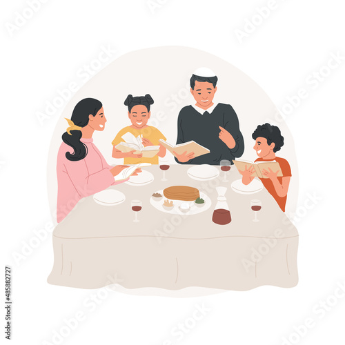 Passover abstract concept vector illustration. Happy family celebrating Passover jewish holiday, everyday religious rituals, friday sundown, gathering together abstract metaphor.