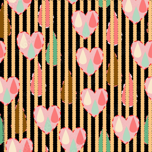 Seamless pattern of abstract hearts and drops on a striped background for textile. Yellow and black stripes, pink hearts with yellow, green and pink drops in a geometric pattern for a cover, wallpaper