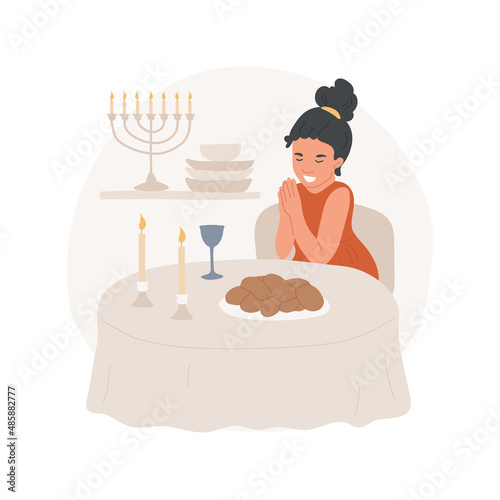 Shabbat prayer abstract concept vector illustration. Jewish little girl praying at the table, Shabbat blessings, everyday religion rituals, spiritual practices abstract metaphor.