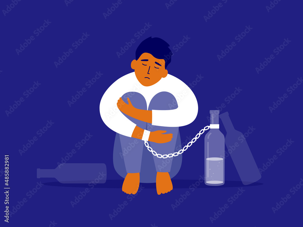 Male alcoholism concept. Upset drinker man chained to alcohol drink bottle sitting hugging knees. Sad drunk guy, exhausted alcoholic person. Social issue, alcohol abuse, addiction. Vector Illustration