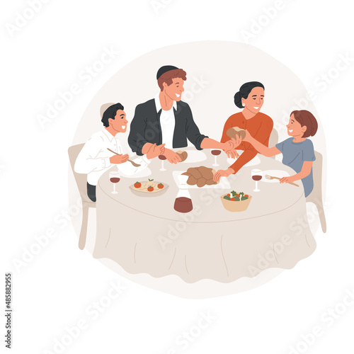 Celebrating shabbat abstract concept vector illustration. Jewish family, traditional food at Shabbat, Jewish everyday rituals, faith and belief, kosher meal, bread and wine abstract metaphor. photo