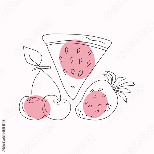 Abstract fruits. Berries drawing. Strawberries, watermelon and cherries. Doodle style. Vector illustration. Background isolated.