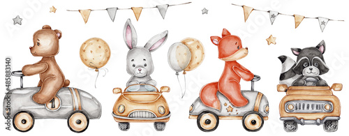 Set with animals on cars, balloons and garland; watercolor hand drawn illustration; with white isolated background