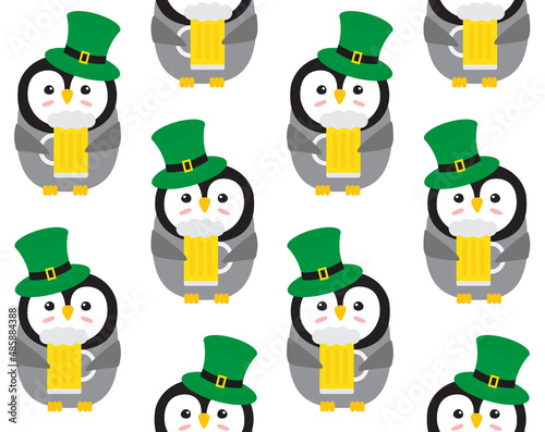 Vector seamless pattern of flat cartoon penguin leprechaun isolated on white background