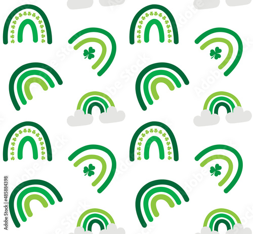 Vector seamless pattern of hand drawn doodle flat green Irish st Patrick day rainbow isolated on white background