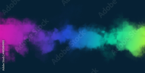 Vector halftone smoke effect. Glowing bright neon colored flowing mist. Futuristic retro creative background.