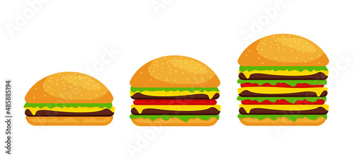 Three different sizes of burgers. Classic hamburger to very big burger. Vector illustration isolated on white background. 