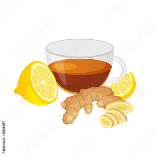 Black tea in glass cup with ginger and lemon. Fresh ginger root. Healty eating. Vegan illustration in trendy flat style isolated on white background. 