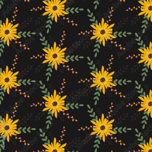 Vector pattern with flowers and twigs in a flat style on a dark background