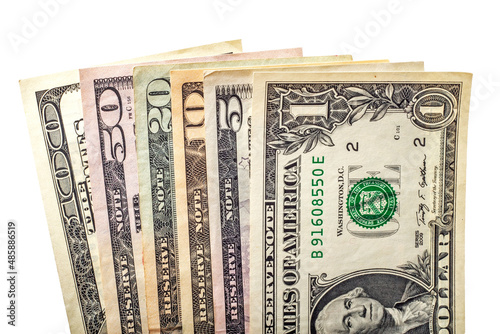 Set of dollars. Banknotes in the name of 1,5,10,20,50,100 dollars. US dollars. Isolation on white.