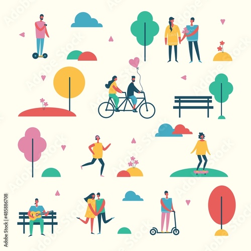 Concept of young people walking, running and jumping in the park. Stylish vector illustration card with happy male and female teenagers