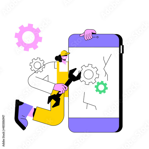 Smartphone repair abstract concept vector illustration. Cell phone repair, smartphone urgent mending service, screen replacement, data recovery, electronic device fixing shop abstract metaphor.