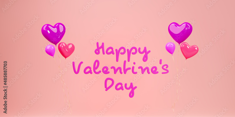 Advertising poster with balloons hearts. Valentine's Day banner, 3d rendering