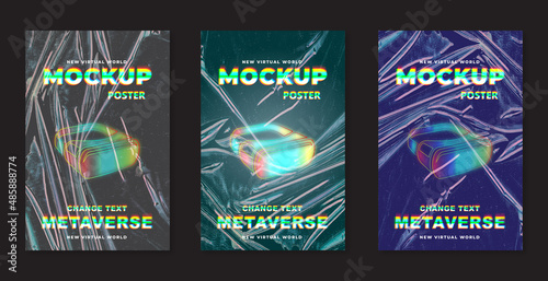 set of poster Metaverse text effect and editable text effect with Transparent Stretch Plastic  and colorful VR virtual Wrap poster  mockup	
