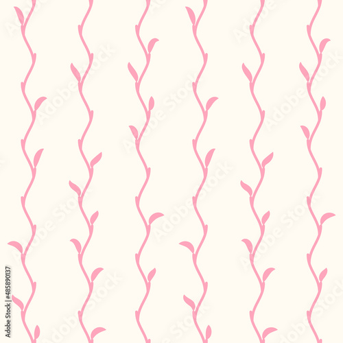 Lovely pink seamless pattern. Thin wavy twigs with young leaves. Endless texture for wallpaper, web page, wrapping paper, invitation cards
