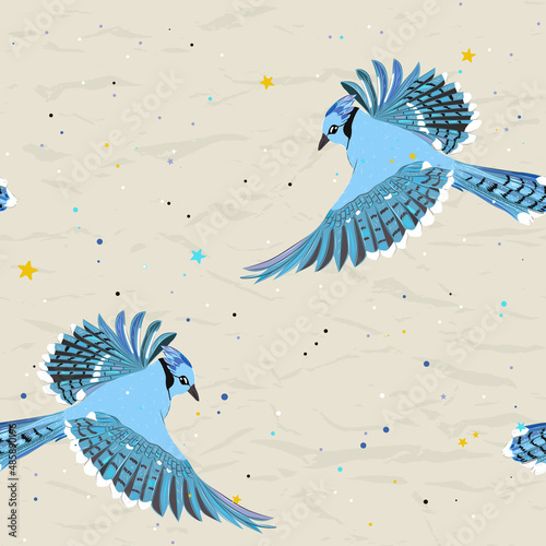 Seamless pattern from new collection with birds. Flight of the blue jay.