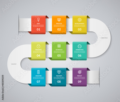 Infographic timeline template with 9 steps. Can be used for graph, chart, report, diagram, web design. Vector illustration