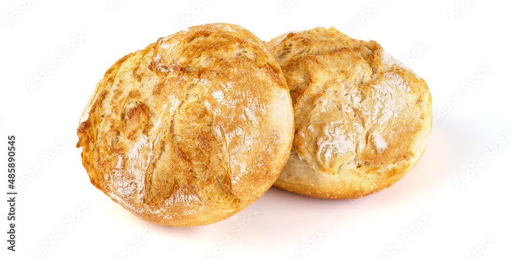 reshly baked rustic buns, French rolls, isolated on white background. High resolution image.