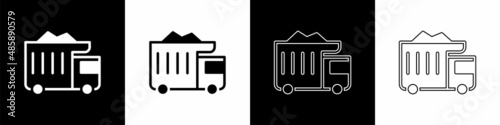 Set Large industrial mining dump truck icon isolated on black and white background. Big car. Vector