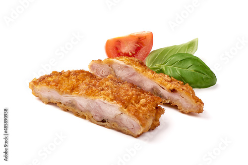 Homemade breaded pork schnitzel, close-up, isolated on white background.