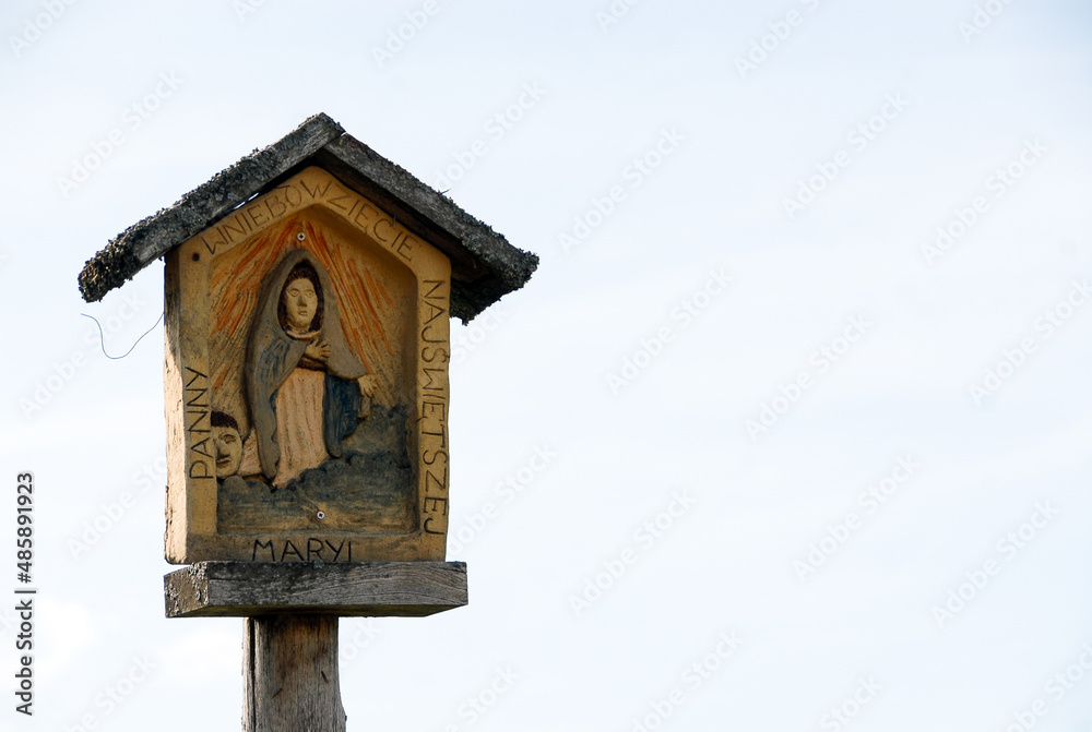 Traditional roadside shrine, Rural landscape with a chapel, Poland Traditional roadside shrine, Rural landscape with a chapel, Poland