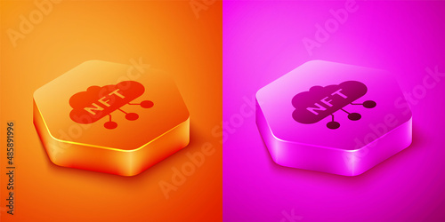 Isometric NFT cloud icon isolated on orange and pink background. Non fungible token. Digital crypto art concept. Hexagon button. Vector