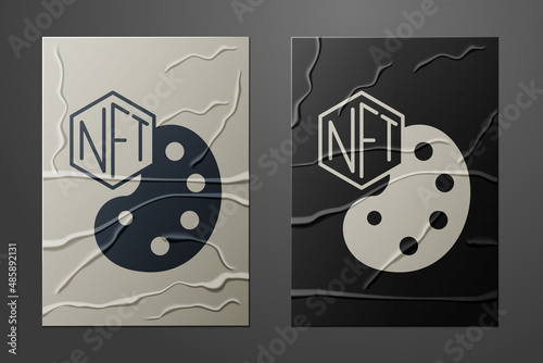 White NFT Digital crypto art icon isolated on crumpled paper background. Non fungible token. Paper art style. Vector