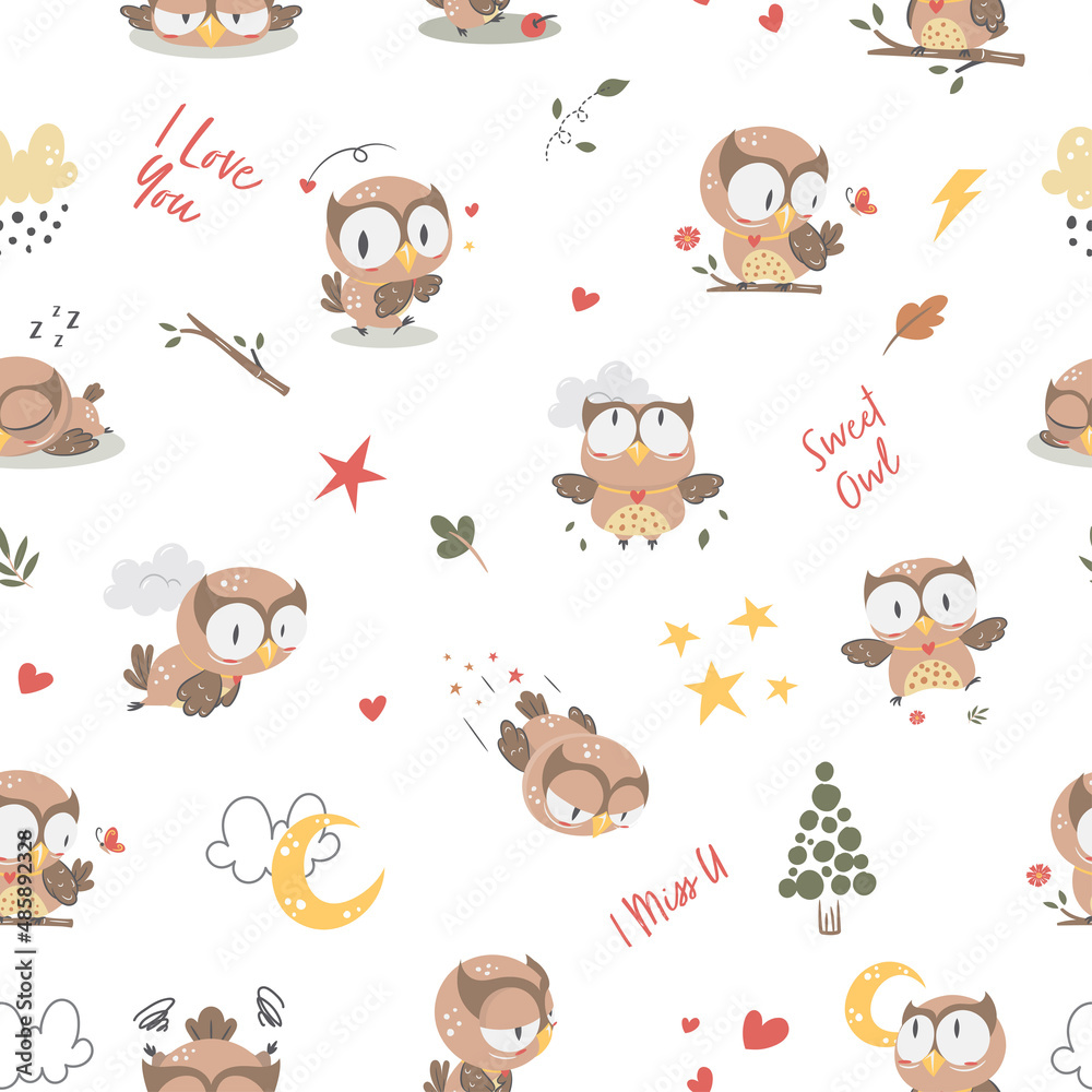Fototapeta premium Cute Owl Nursery seamless pattern