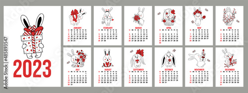 Calendar template for 2023 with cute rabbits with gifts. Vertical set of 12 pages and cover in English. Vector illustration. week on Sunday. 2023 year of rabbit according Chinese or Eastern calendar