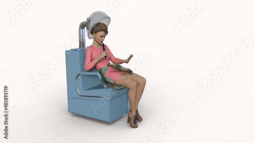 girl sitting under hair dryer , animation, transparent background