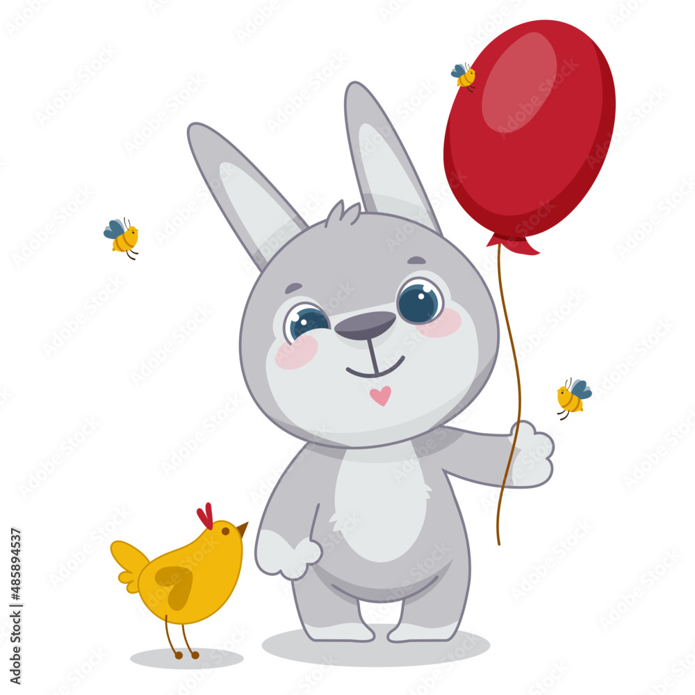 Bunny with a balloon in his paw. A child character. Cute cartoon style. Postcard. Poster. Decorative element Bunny with a balloon in his paw. A child character. Cute cartoon style. Postcard. Poster. Decorative element